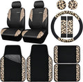 Leopard Print Faux Leather Car Seat Covers & Leopard Car Mats&Leopard Steering Wheel Cover Seat Belt Pad Universal Car Accessories for SUV,Van,Saden,Truck Automobile Interior Sets