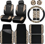 Leopard Print Faux Leather Car Seat Covers & Leopard Car Mats&Leopard Steering Wheel Cover Seat Belt Pad Universal Car Accessories for SUV,Van,Saden,Truck Automobile Interior Sets