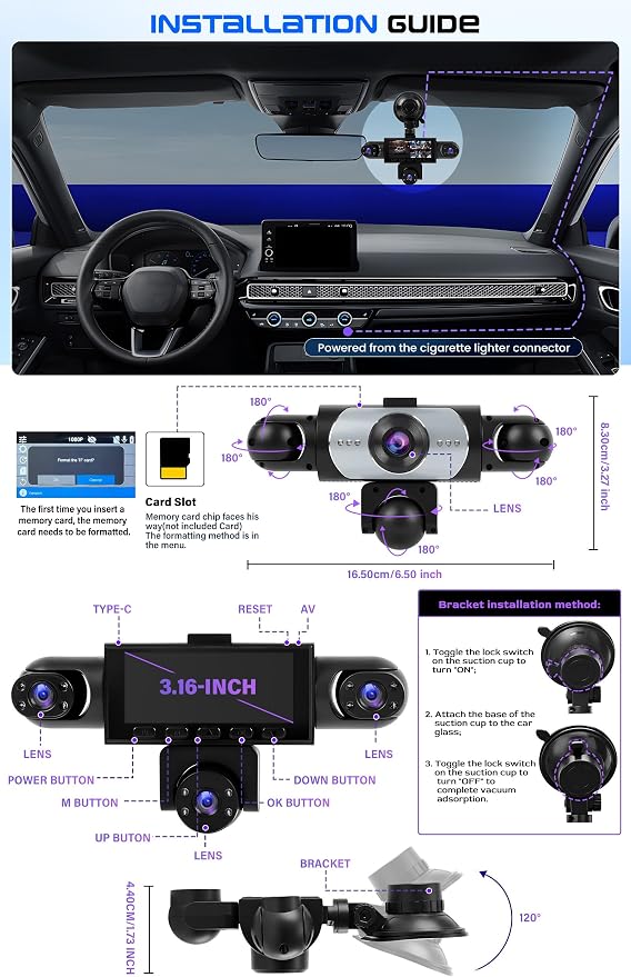 5 Channel Dash Cam 360° View, 1080P Front and Rear Left Right Inside 3.16 Inch Dash Camera for Cars, 12 Lights Night Vision, Motion Detection Camera for Cars