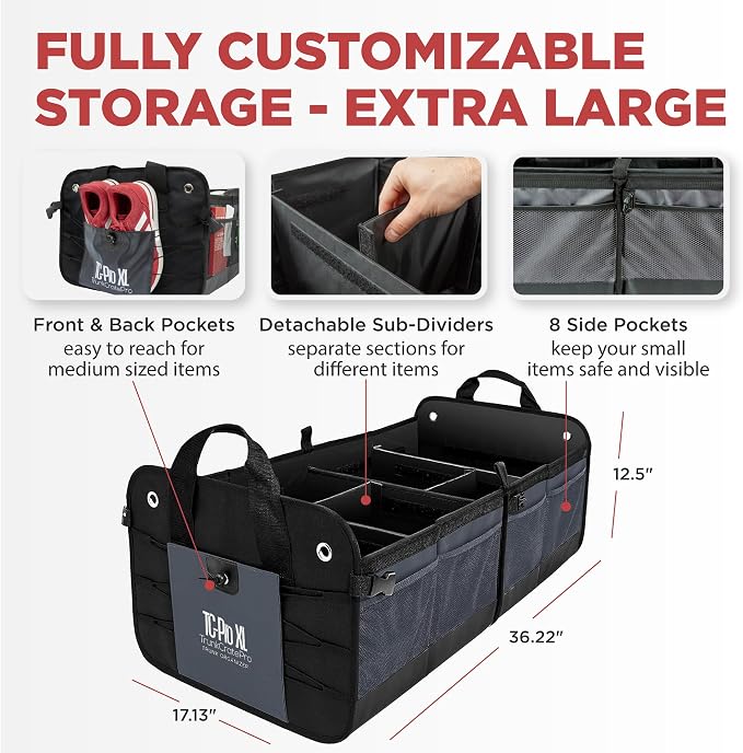 XL Heavy-Duty Trunk Organizer – Reinforced SUV & Truck Cargo Storage with 6 Adjustable Compartments, Non-Slip Base & Securing Straps (Foldable Design, Grey)
