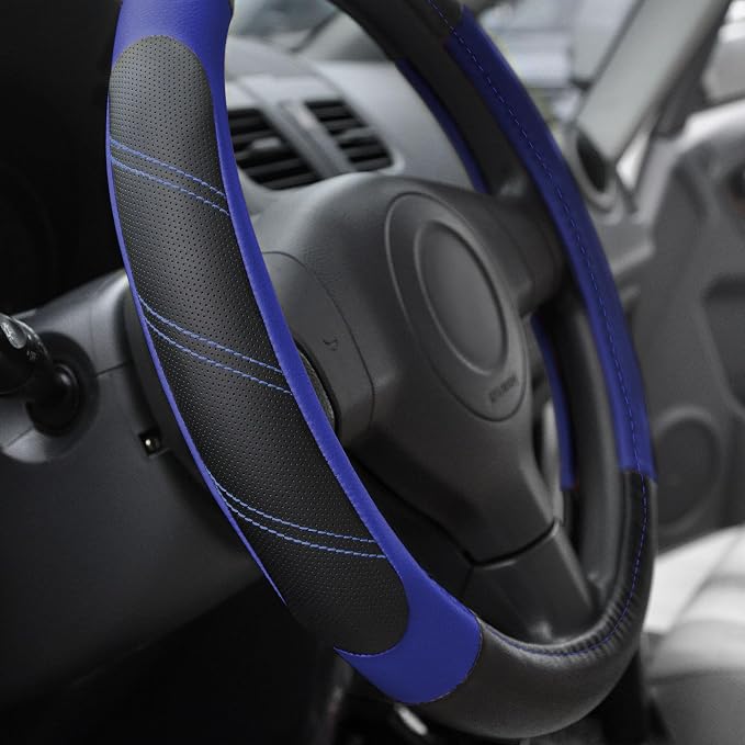 Steering Wheel Cover Leather 14 1/2 to 15 inch Universal Padded Soft Grip Breathable for Car Truck SUV Jeep Anti Slip Blue and Black