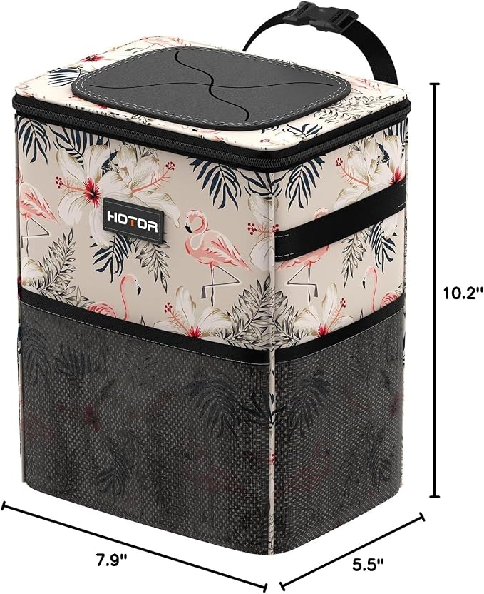Car Trash Can with Lid and Storage Pockets - 100% Leak-Proof Organizer, Waterproof Garbage Can, Multipurpose Trash Bin for Car, 2 Gallons, Flamingo