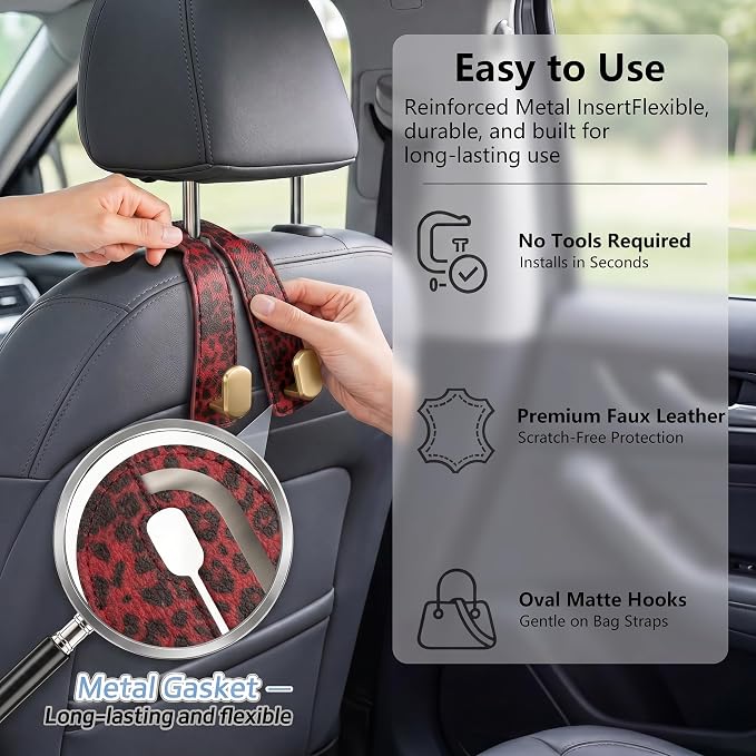 Purse Hook for Car Seat Headrest,Suede Car Purse Hook,Heavy Duty Car Hooks Organizer for Handbags,Grocery Bags & Backpacks,Universal Car Hooks for SUV Truck Interior (Red Leopard Print, Double hook)