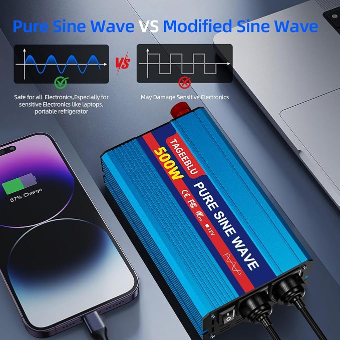 500W Pure Sine Wave Power Inverter 12V DC to 110V 120V AC for Vehicles | Car Cigarette Lighter Adapter inverter with 2 AC Outlets, Converter for Car with LCD Display for Solar RV Truck Home Camping