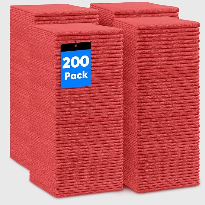 Red Microfiber Cleaning Cloths, 200 Pack Microfiber Towels for Cars, Lint Free & Scratch-Free Bulk Cleaning Rags for House, Kitchen, Car and Shop, Absorbent Cleaning Towels 11.5 x 11.5 inch