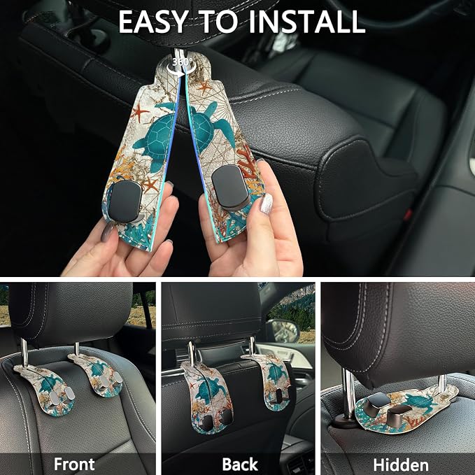 2PCS Car Seat Back Storage Headrest Hooks, Sea Turtle Purse Holder Bags Hanger, PU Leather Double Metal Hook for Backseat Organizer, Women Car Accessories Organization