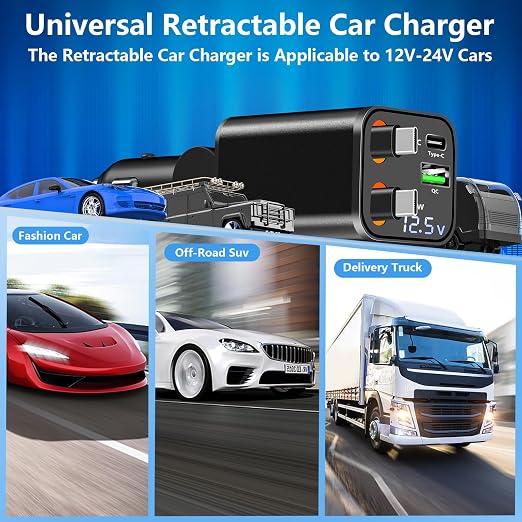 [Apple MFi Certified] Retractable Car Charger USB C, 120W USB C Car Charger 4 in 1 PD/QC Type C Fast Charge Cigarette Lighter Adapter for iPhone 17/17 Pro Max/16 Pro/15/Galaxy S26/S25/Pixel