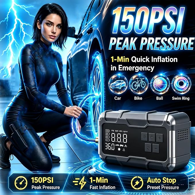 8000A Jump Starter with Air Compressor, Portable Tire Inflator, German-Tech Fast-Charging Power Bank Car Battery Booster for Car Owners Camping, Road Trips, Family Safety & Gift Giving (A3)