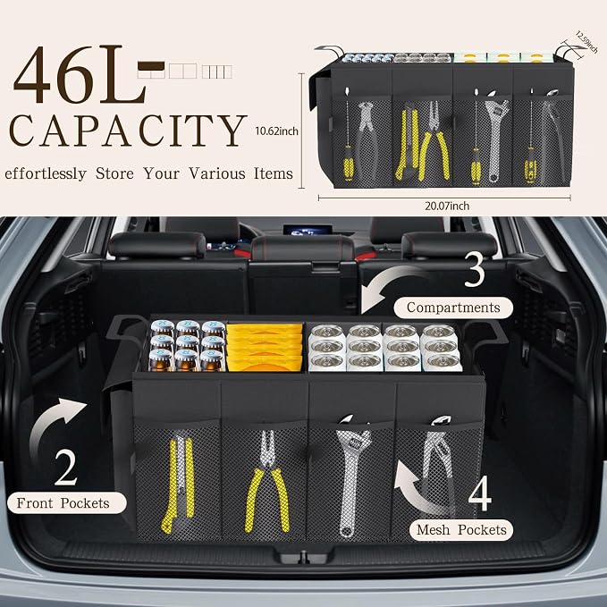 Car Trunk Organizer Storage Box - Collapsible Car Boot Organizer Tidy Cargo Storage Box Accessories for SUV, MPV, Van, Size M, Black