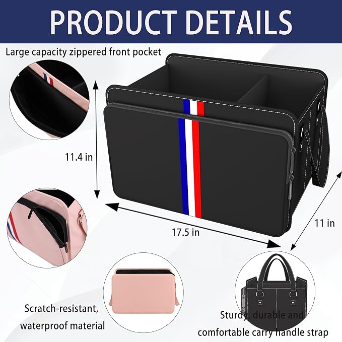 Trunk Organizer for Car, Waterproof Collapsible 3 Compartments Car Organizer, Foldable Storage for Car Accessories, Tools, Sundries for Women Men, Tote Bag (Black Black, Standard)