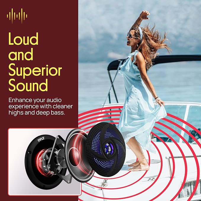 Pyle Waterproof Rated Marine Speakers - 4'' 2 Way Off-Road Vehicles & Weather Resistant Outdoor Audio Stereo Sound System w/ LED Lights, 100W Power, & Low Profile Slim Style, Pair, Black