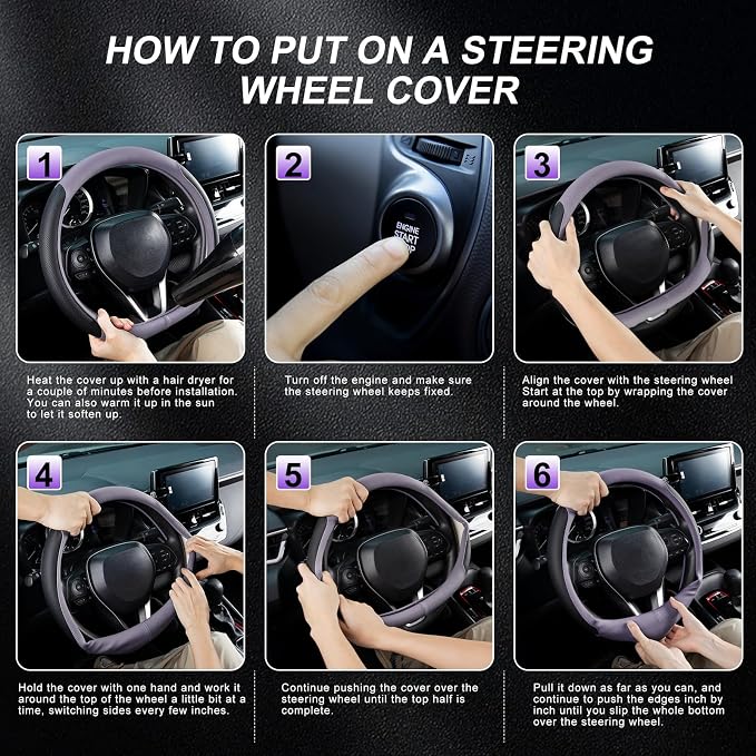 D Shaped Steering Wheel Cover for 14.5-15 inch Flat Bottom Wheels, Breathable Perforated Microfiber Leather, Anti-Slip Grip, Universal Fit for Cars & SUVs, Black and Light Purple
