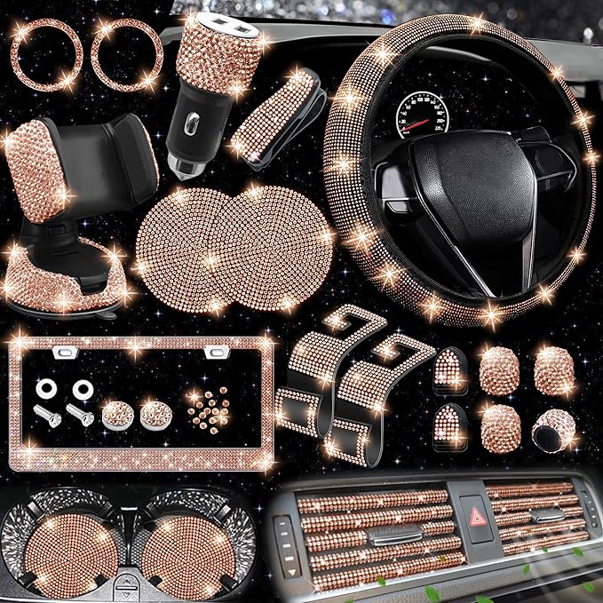 27 PCs Gold Champagne Bling Car Accessories Set for Women, Steering Wheel Covers Universal Fit 15 Inch, Bling License Plate Frame, Bling Phone Holder, Bling Car Coasters