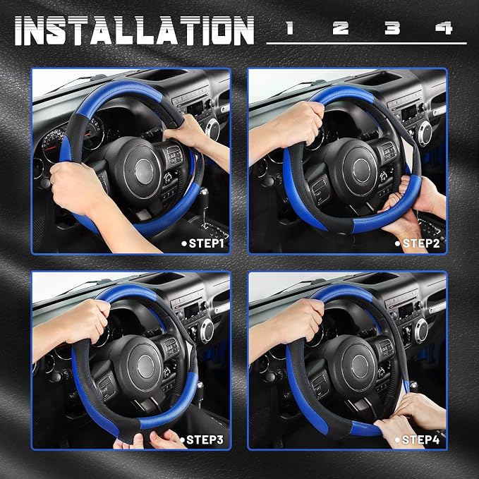 Car Steering Wheel Cover for F-150 Tundra Range Rover 15.5-16 inch, Black and Blue Microfiber Leather