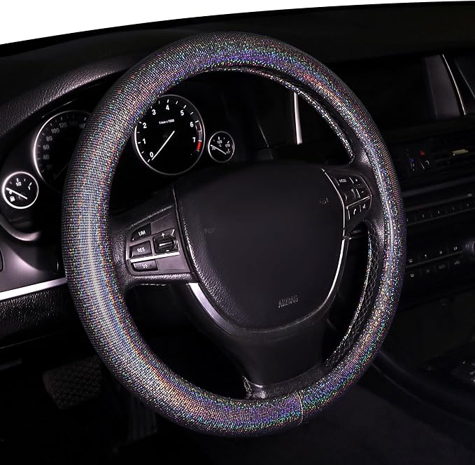 Bling Steering Wheel Cover, Bling Crystal Rhinestone Car Steering Cover Universal 14.2-15.3 inch Glitter Car Wheel Cover Sparkling Accessories （Black Silver）