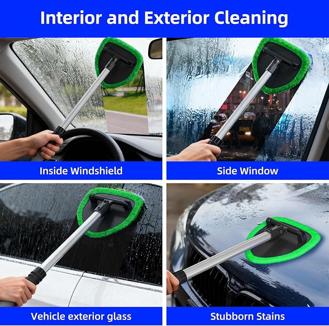 Windshield Cleaning Tool, Car Window Cleaner Windshield Cleaner with 4 Reusable and Washable Microfiber Pads and Extendable Handle Auto Inside Glass Wiper Kit (Green)
