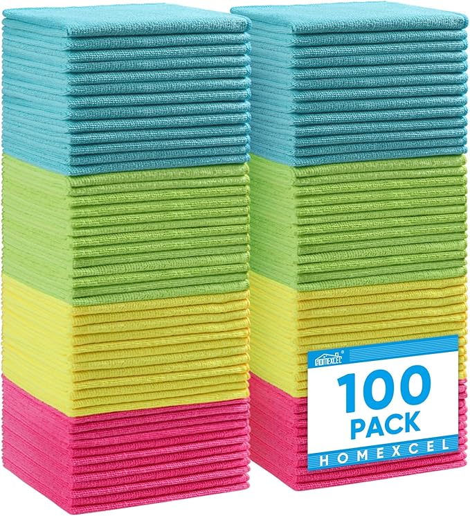 Microfiber Cleaning Cloth,100 Pack Cleaning Rags, Cleaning Towels with 4 Color Assorted, 11.5"X11.5" Shop Towels (Green/Blue/Yellow/Pink)