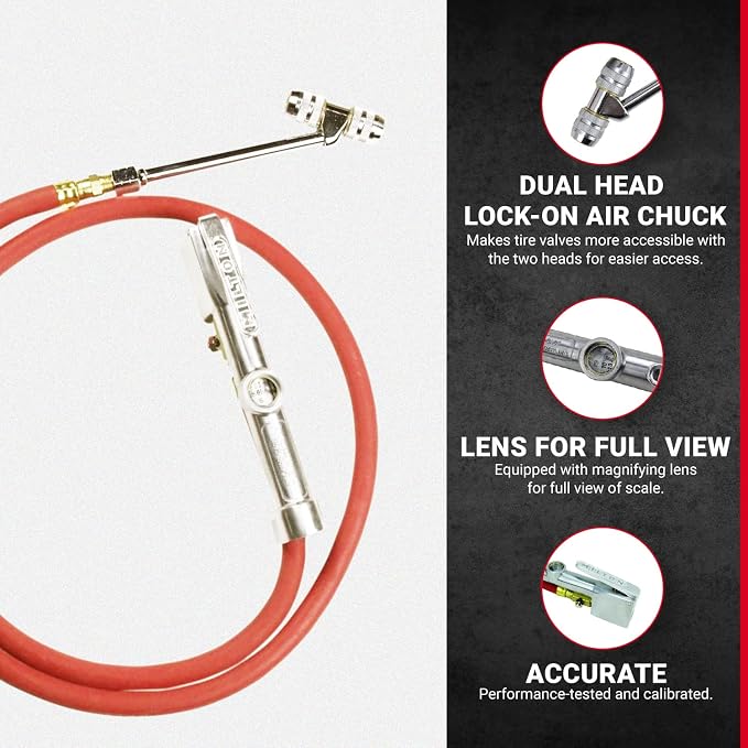 553 Heavy-Duty Truck Tire Inflator with Pressure Gauge, 5' Hose Dual Lock-on Air Chuck, Made in USA (OSHA Compliant) 10-160 PSI