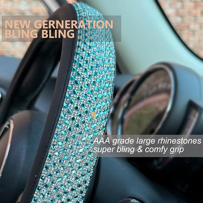 D Shaped Bling Comfy Steering Wheel Cover with Jumbo Crystal Rhinestones, Anti-Slip Diamond Leather, Flat Bottom 14.5-15 Inch (Sky Blue)