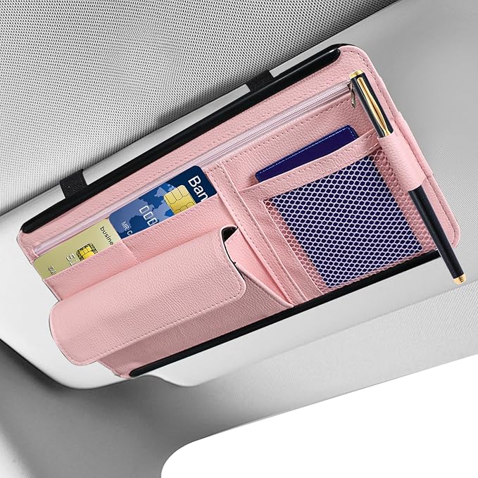 Car Visor Organizer, Leather Multi-Pocket Auto Sun Visor Storage Pouch with Sunglasses Holder, Card Holder, Zipper Pocket, Net Pocket, Pen Slot, Universal Interior Car Accessories (Pink)