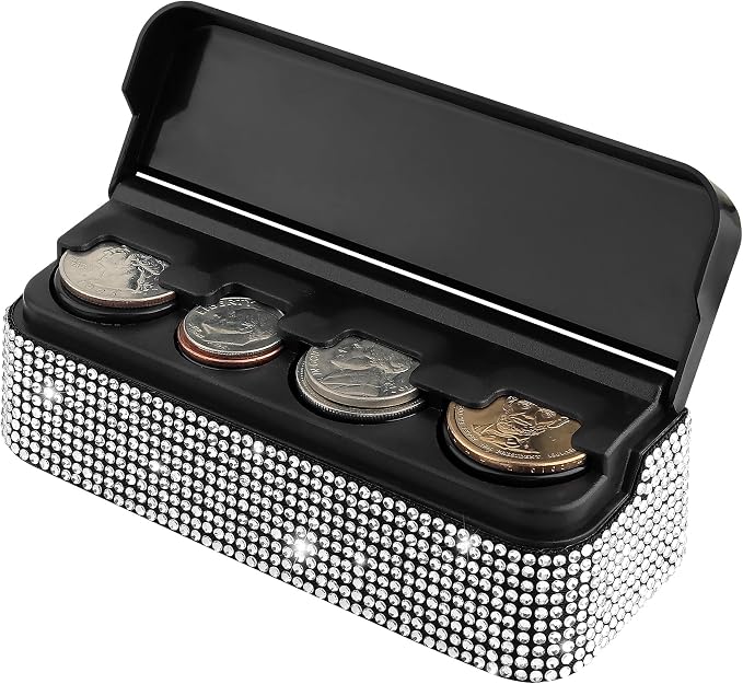 carleef Bling Coin Holder for Car,4 Compartment Car Organizers and Storage with Rhinestones Compatible with Quarter/Nickel/Pennies/Dimes,Universal Coin Organizer for Car Truck SUV (White)