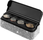 carleef Bling Coin Holder for Car,4 Compartment Car Organizers and Storage with Rhinestones Compatible with Quarter/Nickel/Pennies/Dimes,Universal Coin Organizer for Car Truck SUV (White)