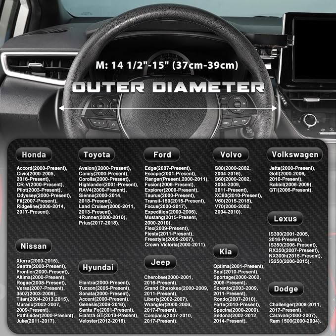 Car Steering Wheel Cover Standard Medium Size 14 1/2-15 inch, Non-Folding Packaging, Heavy Duty, Non-Slip, Black Microfiber Leather with Carbon Fiber Pattern