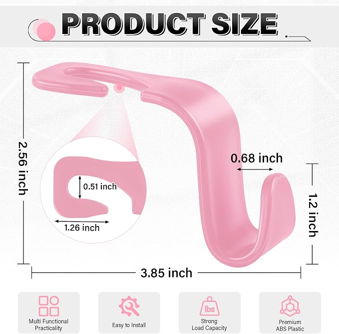 4 Pack Car Seat Headrest Hooks, Vehicle Back Seat Hanger Storage Organizer for Purse Handbag Backpack Coat Grocery, 360° Rotating Heavy Duty Holds 44lbs, Pink