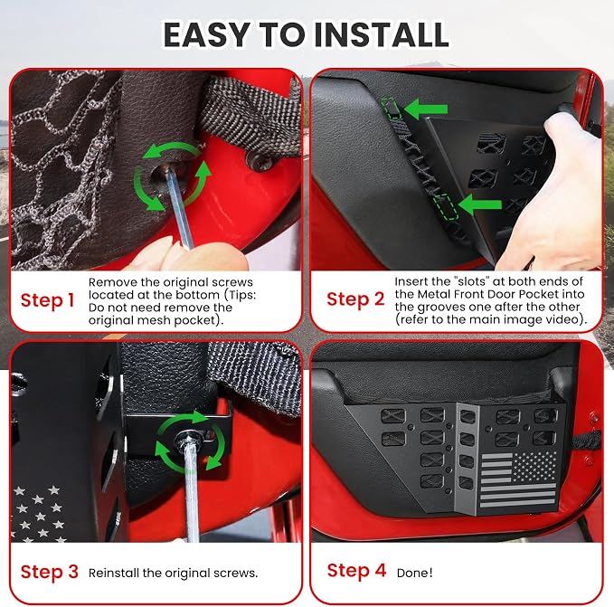 Metal Rear Door Pocket Storage Box for Jeep Wrangler JK JKU 2018 2017 2016 2015 2014 2013-2007 2/4 Door Accessories, Door Organizer Molle Panels, Flag, 2PCS