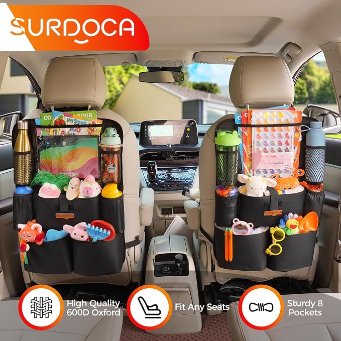 Upgraded Car Organizer with 11-inch Tablet Holder, 8 Pockets, Car Seat Protector for Road Trips - Car Storage and Organizers for Kids
