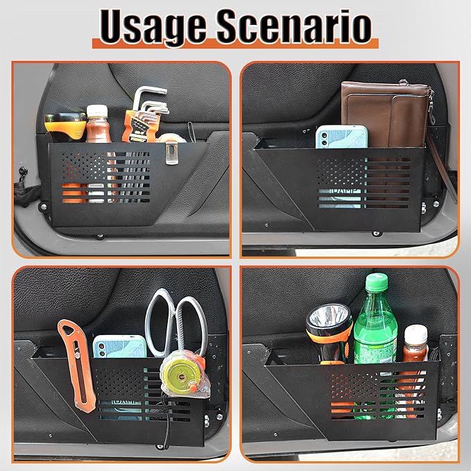 Metal Front Door Pocket Storage Box Compatible with 2007-2018 Jeep Wrangler JK JKU 2/4 Door, 2 PCS Interior Storage Expansion Accessories for Jeep Saggy Net Replacement