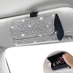 Bling Sunglasses Holder for Car Sun Visor, Sparkling Eyeglasses Car Visor Clip Storage Glasses Organizer Case, PU Leather Auto Sunglass Holder Protective Box for Truck, SUV, RV (White)
