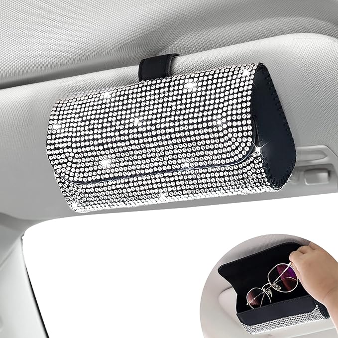 Bling Sunglasses Holder for Car Sun Visor, Sparkling Eyeglasses Car Visor Clip Storage Glasses Organizer Case, PU Leather Auto Sunglass Holder Protective Box for Truck, SUV, RV (White)