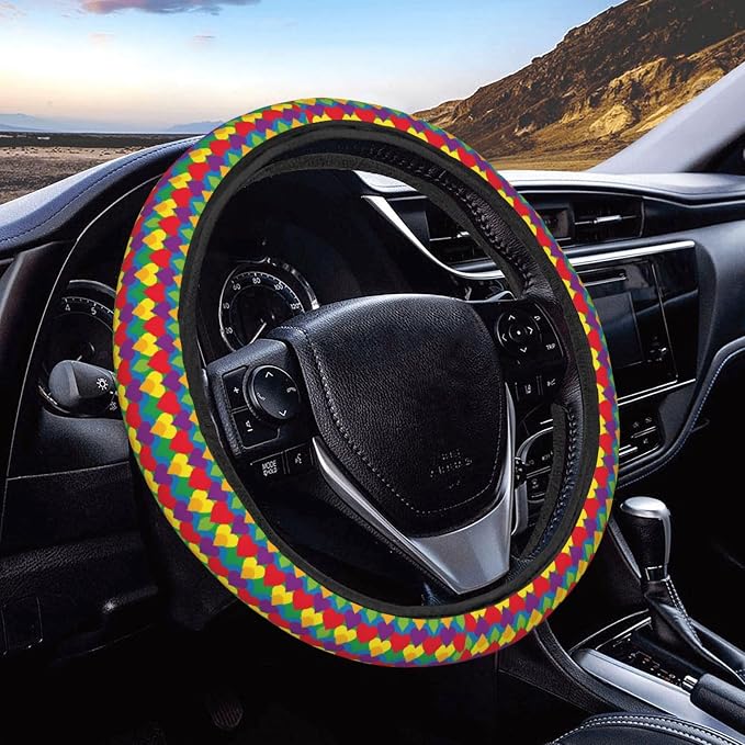 Rainbow Love Heart Steering Wheel Covers Anti-Slip Elasticity Car Accessories Steering Wheel Protector Universal 15 Inch for Cars SUV Vehicle Truck