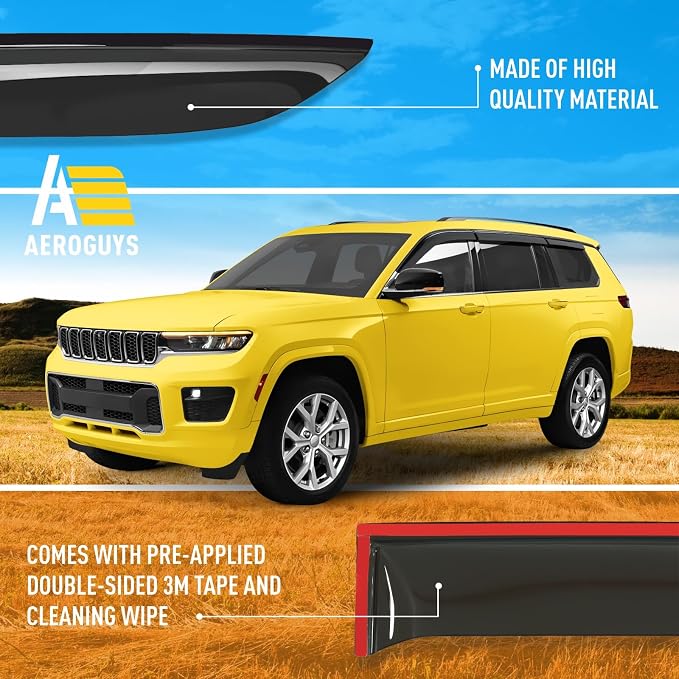 Extra Durable Window Deflectors Tape-On Window Visors Rain Guards Fit for Jeep Grand Cherokee L 2021-2026, Sun Visors, Wind Vent for Shades, Exterior Car Accessories - 6pcs. AG0184