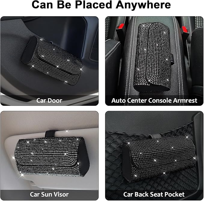 Bling Sunglasses Holder for Car Sun Visor, Sparkling Auto Glasses Clip Case Eyeglasses Protective Box, PU Leather Car Sunglass Storage Organizer for Truck, SUV, RV (Black Crystal)