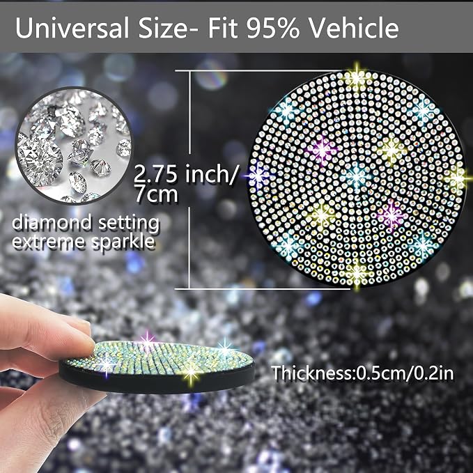 2pcs Bling Car Cup Holder Coaster, 2.75 inch Anti-Slip Shockproof Universal Fashion Car Coasters Insert Bling Crystal Rhinestone Automotive Interior Accessories for Women (2 pcs, Multicolor)