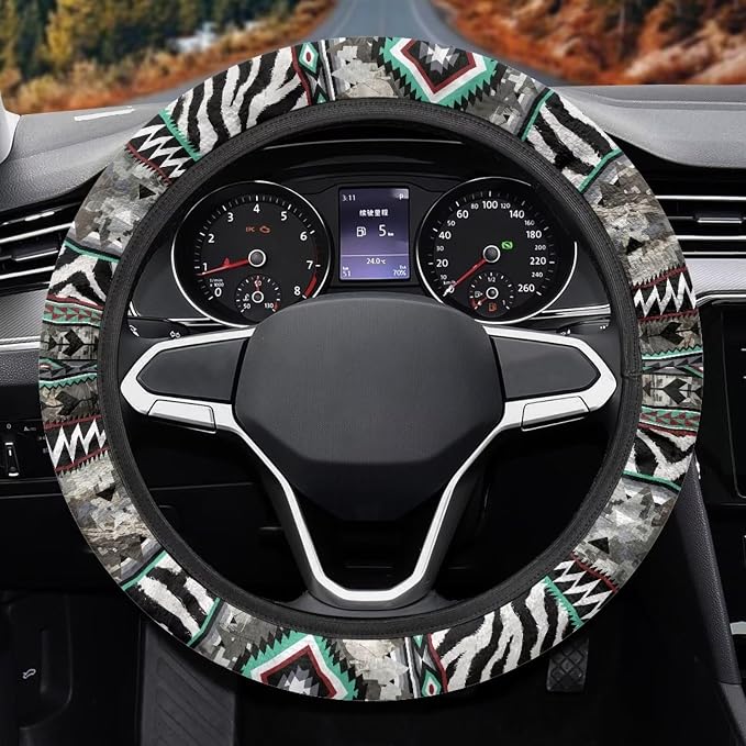 Auto Steering Wheel Cover for Women Men, Universal 15 Inch Soft Elastic Steering Wheel Wrap Anti-Slip Easy to Install Car Accessories, Aztec Camo Zebra Print