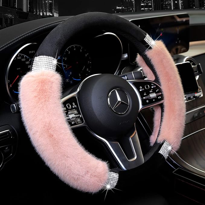 Rhinestone Fluffy Steering Wheel Cover - Comfortable Non-Slip Luxury Faux Wool, Universal Fit for 14.5" to 15" Steering Wheels