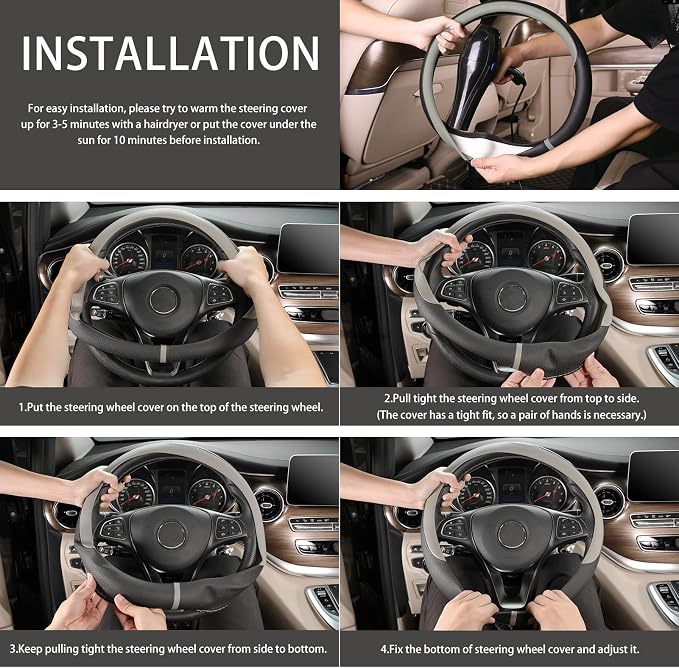 Breathable Car Steering Wheel Cover 16 inch Auto Universal Leather Wrap Non-Slip Steeringwheel Protector Automotive Interior Accessories, Grey (Suit for 15.5-16 inch)