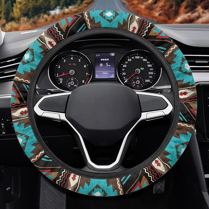 Southwest Aztec Teal Brown Car Steering Wheel Cover Soft Stretch Auto Steering Wrap Protector for Women Men, Universal Auto Accessories Fit Most Vehicles