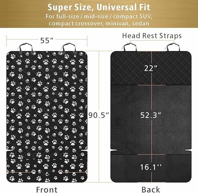 SUV Cargo Liner for Dogs, Water Resistant Pet Cargo Cover Dog Seat Cover Mat for SUVs Sedans Vans with Bumper Flap Protector, Non-Slip, Large Size Universal Fit, Paw Print