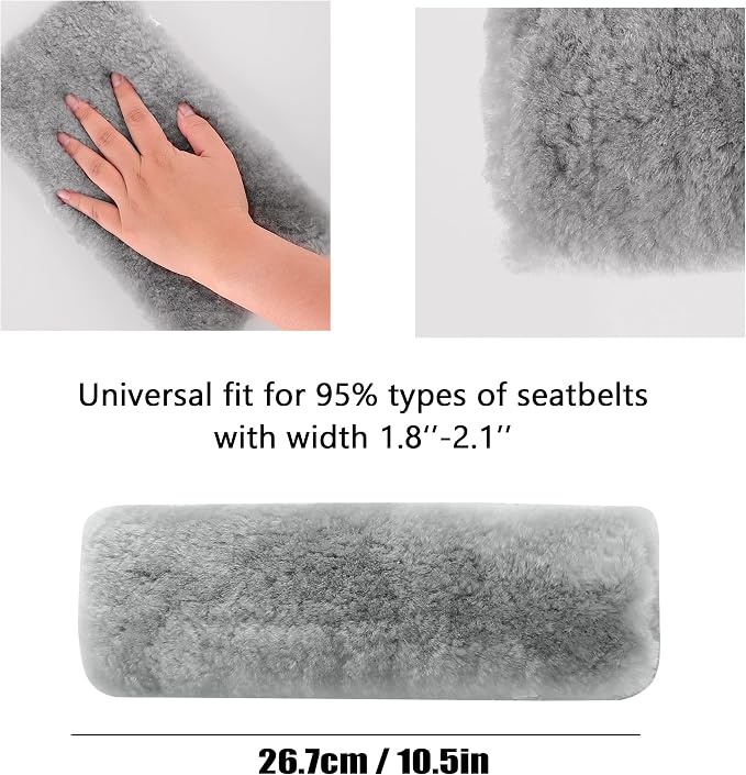 Authentic Sheepskin Seatbelt Cover Real Wool Car Truck SUV Airplane Seat Belt Shoulder Pad for Carmera Backpack Straps Neck Cushion Protector 2 Pack Light Grey