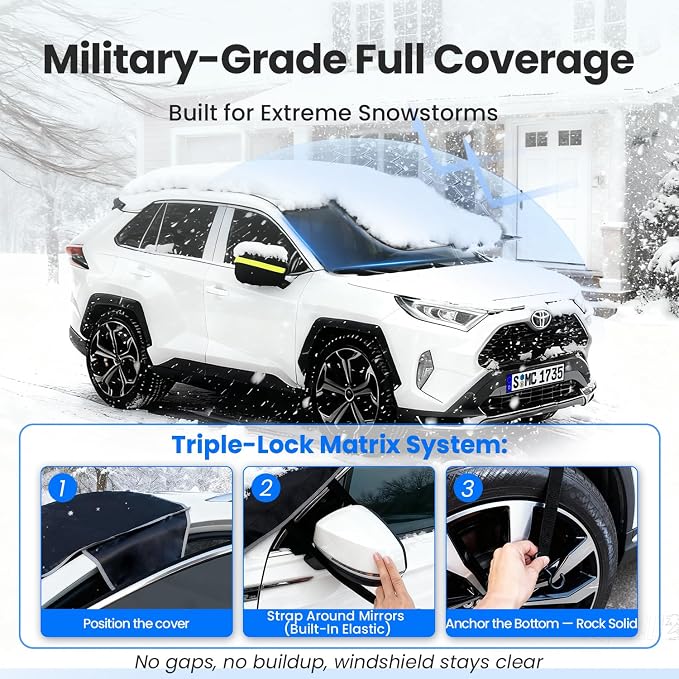 Snow Cover for car Windshield,[Heavy Winter Protection] Anti Snow, Ice, Frost and Water, [Military-Grade Protection] Universal Fit for Large Cars,Pick-up and Trucks-XL