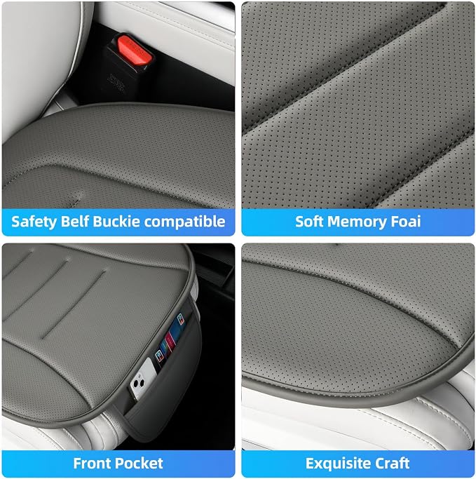 Car Seat Cushion, Comfort Memory Foam Car Cushions for Driving, Breathable Leather Surface with Anti Slip Rubber Bottom, Seat Cushion for Car and Office Chair (1 Pack, Grey)