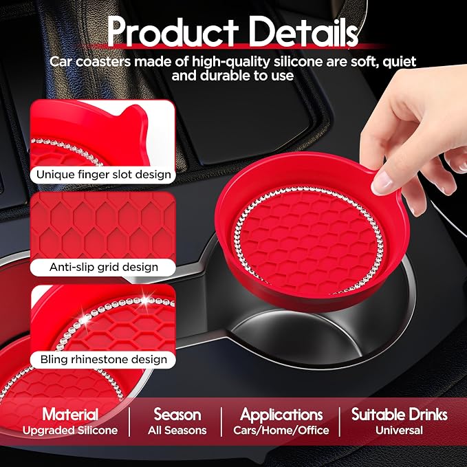 Car Cup Coaster Universal Non-Slip Cup Holders Bling Crystal Rhinestone Car Interior Accessories 4 Pack Red