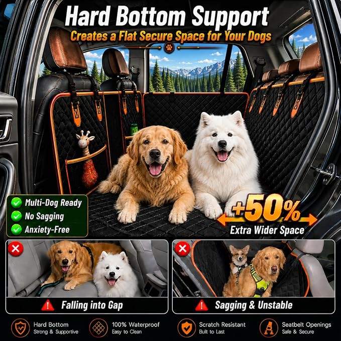Elufa Hard Bottom Dog Car Seat Cover for Back Seat, 52" Back Seat Extender for Dogs, Waterproof Nonslip Dog Hammock with Flat Platform, Supports up to 500 lbs, Fits Cars, SUVs & Trucks