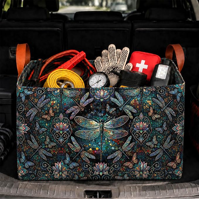 Dragonfly Car Trunk Organizer,20L Collapsible Auto Storage Basket with Handles, Waterproof Reusable Shopping Grocery Bags for SUV, Truck, Dragonfly Cars Boot Organizer Gifts for Women Men Drivers