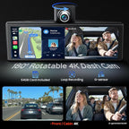 10.26" Portable Apple CarPlay Screen for Car with Rotatable 4K Dash Cam, Wireless CarPlay & Android Auto Display with 1080P Backup Camera, 64GB Card Included, GPS Navigation, Voice Control