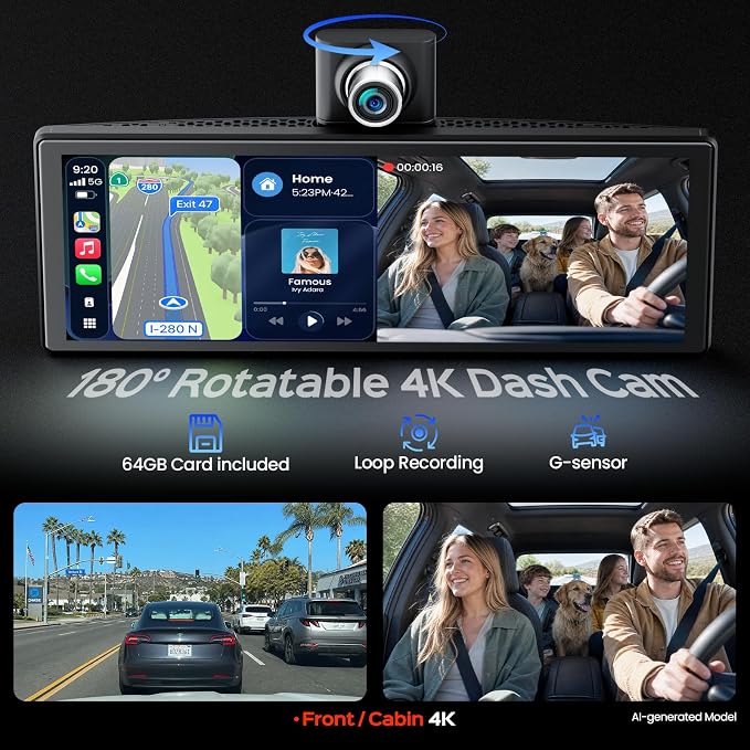 10.26" Portable Apple CarPlay Screen for Car with Rotatable 4K Dash Cam, Wireless CarPlay & Android Auto Display with 1080P Backup Camera, 64GB Card Included, GPS Navigation, Voice Control